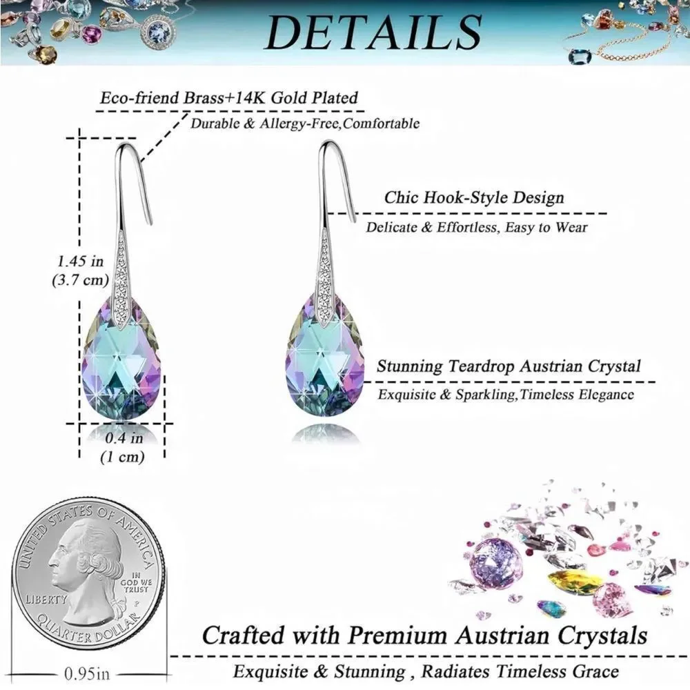 14K White Gold with Vitrail Light Austrian Crystal Teardrop Drop Hook Earrings